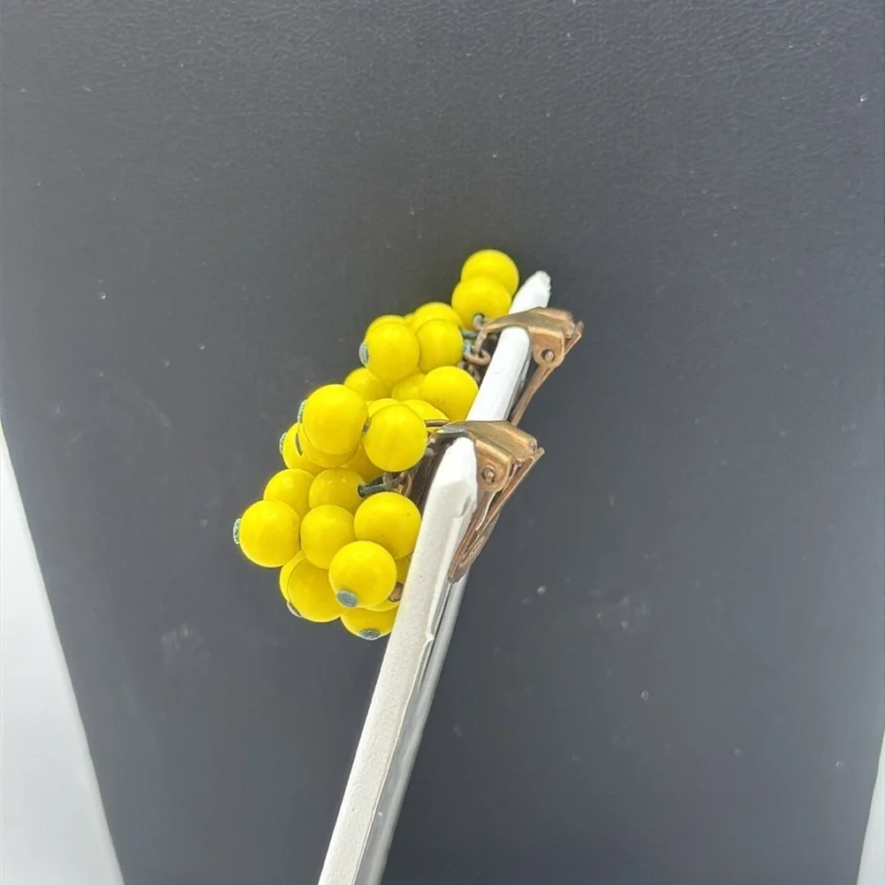 Vintage bright cheery yellow cha cha beaded clip on statement bold fun earrings